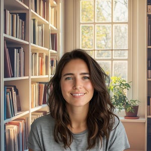 May include: A woman with long brown hair smiles at the camera. She is wearing a grey t-shirt and is standing in front of a bookshelf filled with books.