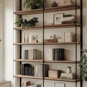 Pode incluir: Uma estante de metal preto com prateleiras de madeira cheias de livros, plantas e itens decorativos. A estante está contra uma parede branca e há duas janelas no fundo.