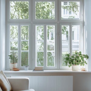 May include: A white bookcase filled with books, with a large window behind it. The window has white trim and is divided into six panes. There are two potted plants on the windowsill.