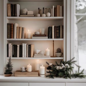 May include: A white bookshelf with three shelves filled with books and decorative objects. The bookshelf is in front of a window with a view of a snowy forest. There are candles on the bottom shelf.