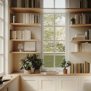 Könnte beinhalten: Eine gemütliche Leseecke mit einem Fenster, das einen üppigen grünen Garten überblickt. Der Raum verfügt über weiße Wände, Holzregale gefüllt mit Büchern und eine bequeme weiße Couch mit einem braunen Kissen. Es gibt auch mehrere Topfpflanzen, die einen Hauch von Grün hinzufügen.