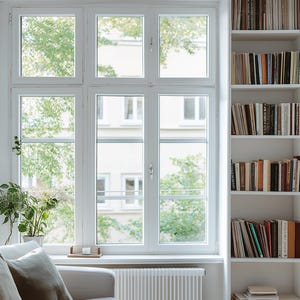 Könnte beinhalten: Ein heller, luftiger Raum mit weißen Bücherregalen, die mit Büchern gefüllt sind, auf beiden Seiten eines großen Fensters. Vor dem Fenster steht ein Sofa mit beigen Kissen, und auf der Fensterbank steht eine kleine Pflanze.