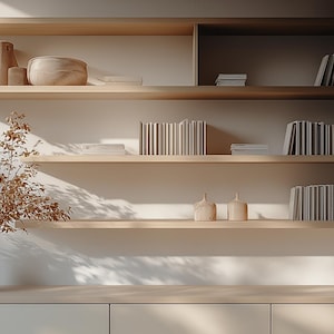 May include: A set of wooden shelves with various decorative items, including books, vases, and a wooden bowl. The shelves are mounted on a white wall and are illuminated by natural light.