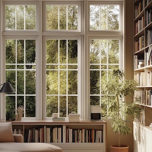 Peut inclure: Un canapé brun clair avec un coussin est placé dans une pièce avec de grandes fenêtres donnant sur une forêt verdoyante. Une bibliothèque remplie de livres longe le mur à droite du canapé. Une plante en pot se trouve sur le sol à côté de la bibliothèque.