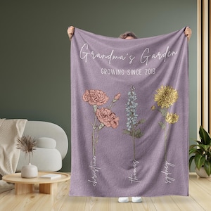 Christmas Gift For Grandma, Custom Grandma&#39;s Garden Blanket, Birth Flower Blanket With Grandkids Names, Personalized Grandma Gift Gigi Nana