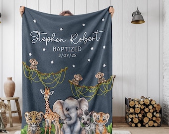 Baptism Blanket Christening Gift, Keepsake Gift For New Baby, Baptized Gift Jungle Animal Christened Gift, Baptism Favors For Boy Or Girl