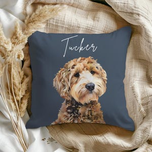 May include: A blue throw pillow with a brown and white dog illustration and the name "Tucker" written in white script.