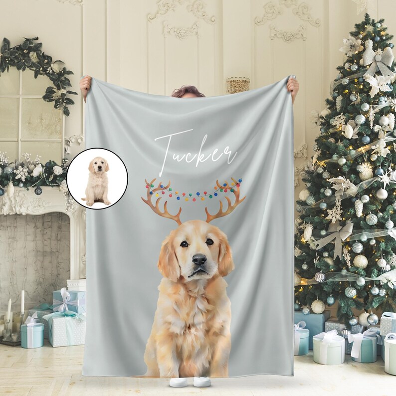 Personalized Watercolor Christmas Pet Blanket Using Pet Photo