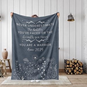 May include: A dark blue blanket with white floral accents and the text "NEVER UNDERESTIMATE the battles YOU'VE FACED OR THE strength you carry YOU ARE A WARRIOR Anne 2025". The blanket is held up by a person.