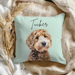 May include: A square decorative pillow with a light green background. The pillow features a watercolor-style portrait of a brown and cream-colored dog. The dog's name, "Tucker," is written in black script above the dog's head.
