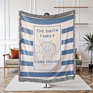 Personalized Woven Blanket For Lakehouse Owner, Lakehouse Decoration Housewarming, Family Name Blanket Lakehouse Gift For Lake House Bedding