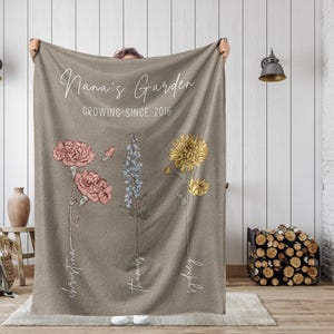 Christmas Gift For Grandma, Custom Grandma&#39;s Garden Blanket, Birth Flower Blanket With Grandkids Names, Personalized Grandma Gift Gigi Nana