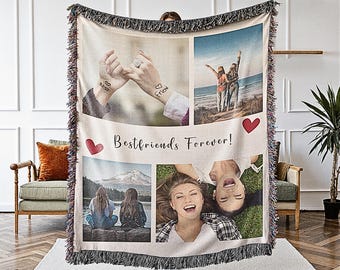 Personalized Best Friend Photo Blanket Collage, Woven Friend Blanket, Picture Blanket With Text, Memorial Blanket Best Friend Valentine Gift