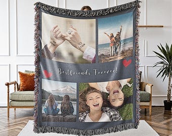 Personalized Best Friend Photo Blanket Collage, Woven Friend Blanket, Picture Blanket With Text, Memorial Blanket Best Friend Valentine Gift