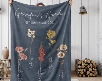 Christmas Gift For Grandma, Custom Grandma's Garden Blanket, Birth Flower Blanket With Grandkids Names, Personalized Grandma Gift Gigi Nana
