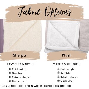 May include: Two fabric swatches, one white sherpa and one gray plush, with text describing the fabric options and features. The sherpa is described as "Heavy Duty Warmth" and the plush is described as "Velvety Soft Touch". Both fabrics are described as "Durable", "Retains shape", and "Quick dry". The text "Please note the design will be printed on one side" is at the bottom of the image.