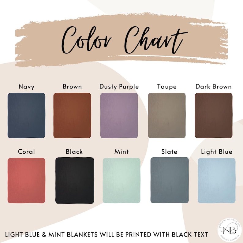 May include: Color chart showing 10 different fabric colors for blankets. The colors are: Navy, Brown, Dusty Purple, Taupe, Dark Brown, Coral, Black, Mint, Slate, and Light Blue. The text "LIGHT BLUE & MINT BLANKETS WILL BE PRINTED WITH BLACK TEXT" is at the bottom of the chart.
