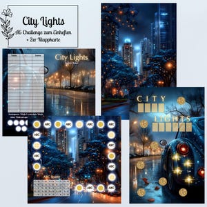 Könnte beinhalten: Ein Set aus A6-Spar-Challenge-Karten mit nächtlichen Stadtmotiven, Straßenlaternen, Bäumen und einem Auto. Die Karten enthalten Texte wie City Lights, ABC Sparer, eine Tabelle zur Datums- und Summenverfolgung sowie goldene Kreise zum Markieren.