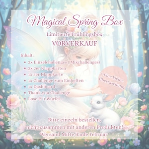 Könnte beinhalten: Illustration für den Vorverkauf einer 'Magical Spring Box'. Das Bild zeigt eine Fee und ein weißes Kaninchen in einer floralen Umgebung. Text enthält 'Magical Spring Box', 'VORVERKAUF' und eine Inhaltsliste. Das Design hat eine weiche, pastellfarbene Farbpalette.