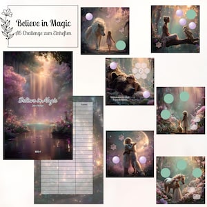 Könnte beinhalten: Eine Sammlung von A6-Challenge-Blättern mit Fantasy-Illustrationen von Kindern mit Tieren wie Wölfen, Bären und Einhörnern. Der Text lautet Believe in Magic A6 Challenge zum Einheften. Enthält Tracking-Raster mit Spalten für Summen und kreisförmige Markierungen.