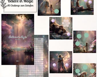 Könnte beinhalten: Eine Sammlung von A6-Challenge-Blättern mit Fantasy-Illustrationen von Kindern mit Tieren wie Wölfen, Bären und Einhörnern. Der Text lautet Believe in Magic A6 Challenge zum Einheften. Enthält Tracking-Raster mit Spalten für Summen und kreisförmige Markierungen.
