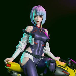 May include: A collectible figurine of a character with short pink and blue hair, wearing a dark purple bodysuit with white sleeves, seated on a yellow and black motorcycle. The motorcycle features the text ARCH and RX-7800 on its frame and wheels.