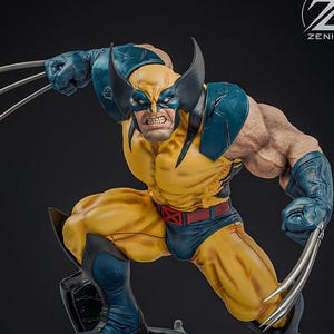 May include: A detailed collectible statue of the character Wolverine in a crouching combat pose. The figure wears a yellow and blue suit with a mask, featuring three metallic claws extending from each fist. It stands on a dark, textured base.