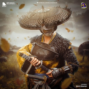 May include: A detailed figurine of a warrior wearing a wide, woven conical hat and a white mask with a grimacing expression. The figure wears a yellow patterned garment, a dark textured chest piece, and dark arm guards, holding a katana sword.