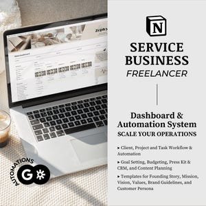 May include: A laptop computer with a dashboard open on the screen. The dashboard is labeled "Main Dashboard" and has several sections with numbers. The laptop is sitting on a beige surface with a glass of liquid in the foreground. The text "SERVICE BUSINESS FREELANCER" is in a black box with a white letter N in the upper right corner. The text "Dashboard & Automation System SCALE YOUR OPERATIONS" is below the black box. A list of features is below the text, including "Client, Project and Task Workflow & Automation", "Goal Setting, Budgeting, Press Kit & CRM, and Content Planning", and "Templates for Founding Story, Mission, Vision, Values, Brand Guidelines, and Customer Persona".