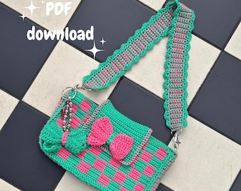 Too Cool For School crochet bag pattern | PDF shoulder bag pattern with checkered design & bow | Beginner-Friendly crochet bag