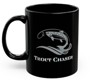 Trout Fishing Mug: Black Ceramic Coffee Cup, Fishing Gift