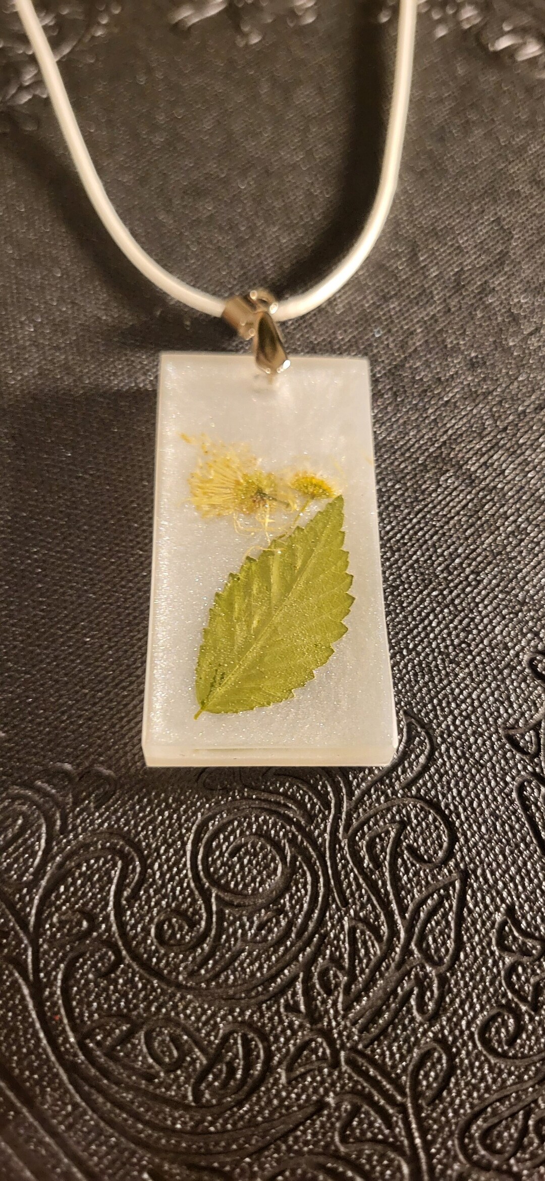 Natural Epoxy Resin Pendant Necklace, White Rectangle Pendant With