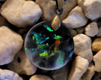 Galaxy pendant // Mystic rainbow resin pendant necklace // Green and shiny sci-fi pendant // Fantasy necklace