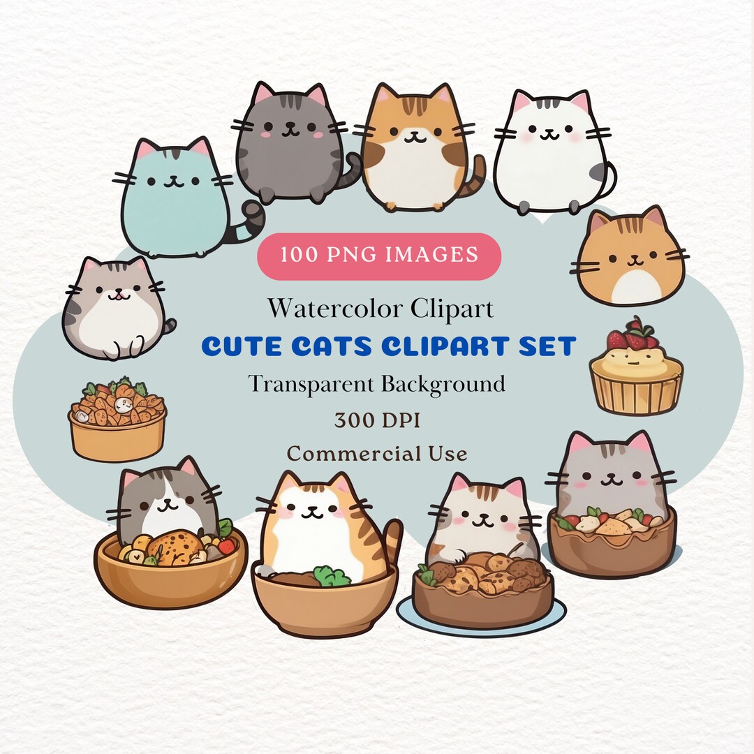 Cute Cats Clipart Set, Clipart Kawaii Cat, 100 PNG Cats Clipart, Kawaii ...