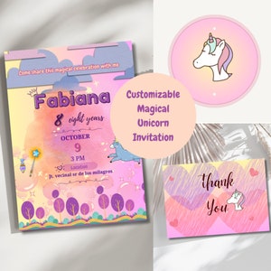 Magical Unicorn Birthday Invitation,Unicorn and Fairy Birthday Invitation, Pink Purple Rainbow Unicorn Party Invitation,