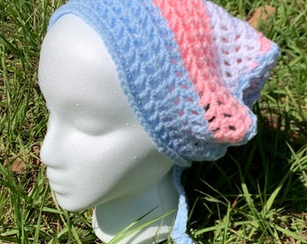 Pink, Light Blue, & White Trans Pride Head Scarf Kerchief - Crocheted, Handmade, Head Veil, Headscarf