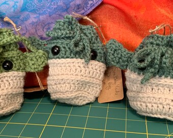 Small Baby Alien Dice Bag / Drawstring Pouch - Handmade, Crocheted