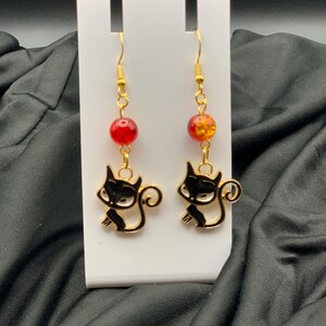 Dangling Black Cat Charm Earrings With Glass Beads - Handmade, Boho / Witchy / New Age / Pet Lover