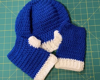 Blue and White Hat and Wrist Warmer Set -  Hand Crocheted, Adult One-Sized