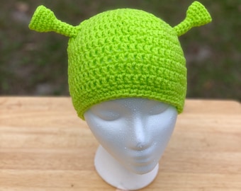 Green Ogre Beanie - Hand Crocheted, Adult One-Sized