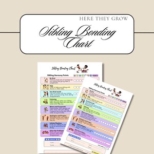 Könnte beinhalten: Zwei "Geschwister-Bindungs-Chart"-Drucke. Die Charts zeigen ein farbenfrohes Design mit Illustrationen und Text, die "Geschwister-Harmoniepunkte" wie "Sei nett" und "Teilen und Kooperieren" detaillieren. Oben im Bild steht "HERE THEY GROW".
