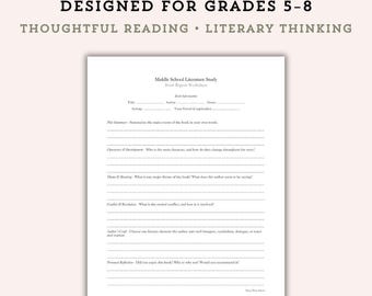 Middle School Book Report Worksheet | Literature Study Printable | Homeschool Reading Analysis PDF