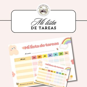 Könnte beinhalten: Ein Satz illustrierter Aufgabenlistenblätter mit dem Text "Mi lista de tareas". Das Hauptblatt enthält einen Wochenplaner mit Platz für Aufgaben und eine Regenbogen-Grafik. Das Design ist farbenfroh und verspielt.