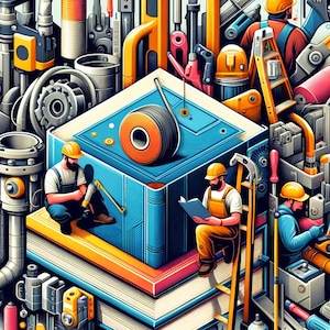 May include: A blue book with a yellow spine and orange pages is surrounded by tools and construction equipment. Three workers wearing hard hats are working on the book. The book is on top of a stack of books.
