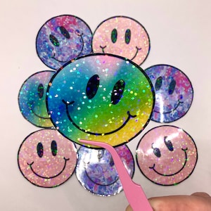 Smiley Face Holographic Vinyl Sticker, Smiley Face, Retro, Tie Dye Sticker, Hippie Sticker, Water Bottle Sticker, Hydroflask, 90s, Stanley