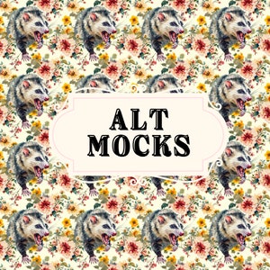 May include: A seamless pattern featuring a repeating design of a white opossum with a pink nose and black eyes, with its mouth open in a snarl, against a background of white and yellow flowers. The text "ALT MOCKS" is centered in a pink banner.