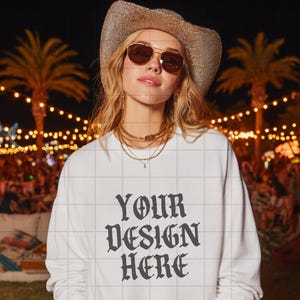 White Gildan 18000 Sweatshirt Mockup G18000 Lifestyle Mock Streetwear Mock up Pinterest Aesthetic Influencer Mockup Trendy Oversized Y2k G18