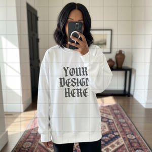 White Gildan 18000 Sweatshirt Mockup G18000 Lifestyle Mock Streetwear Mock up Pinterest Aesthetic Influencer Mockup Trendy Oversized Y2k G18