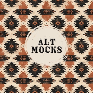 Könnte beinhalten: Ein nahtloses Muster mit einem geometrischen Design in Braun-, Schwarz- und Weißtönen. Das Muster erinnert an die Kunst und Textilien der amerikanischen Ureinwohner. Der Text "ALT MOCKS" ist in einem weißen Kreis auf dem Muster geschrieben.