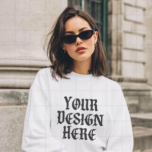 White Gildan 18000 Sweatshirt Mockup G18000 Lifestyle Mock Streetwear Mock up Pinterest Aesthetic Influencer Mockup Trendy Oversized Y2k G18